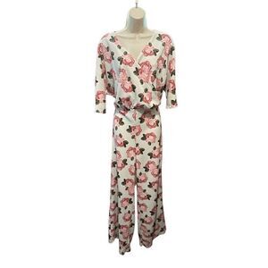 Charlotte Russe Womens White Wide Leg Floral Jumpsuit V Neck Stretch New Size L